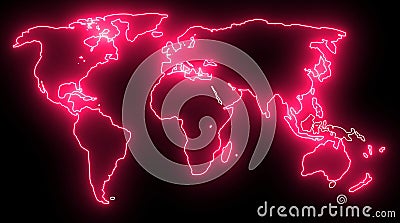 Neon World Map Outline. Futuristic animation, creative glowing lights outline of planet Earth Stock Photo