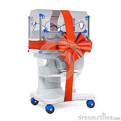 Neonatal incubator with red bow and ribbon, gift concept. 3D rendering Stock Photo