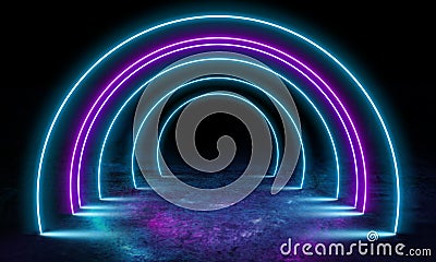 Neoned lines futuristic aesthetics. Glowing neon futuristic style on smoked dark background. Wallpaper, background. Stock Photo