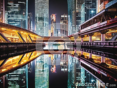 Neonlit city skyline with sleek monorail Stock Photo