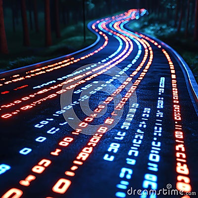 Neonlit data streams illuminate a winding path through a dark forest, symbolizing the journey of digital transformation Stock Photo