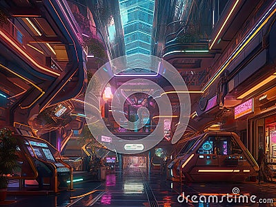 Neonlit futuristic shopping mall with colorful storefronts Stock Photo