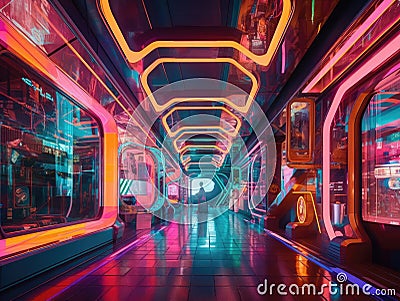Neonlit futuristic shopping mall with colorful storefronts Stock Photo