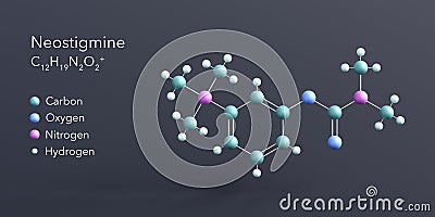neostigmine molecule 3d rendering, flat molecular structure with chemical formula and atoms color coding Stock Photo