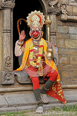 Nepal, Kathmandu, Holy Man Dressed as Hanuman Editorial Stock Photo