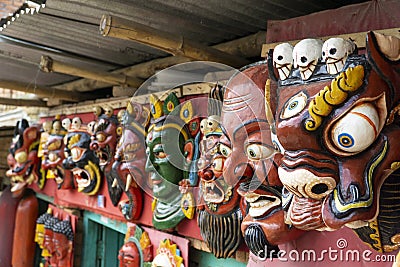 Nepal Kathmandu temple of Changu Narayan, view of religious masks Stock Photo