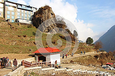 View of entrance to the town Namche Bazaar in Nepal Editorial Stock Photo