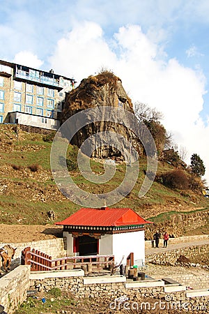 View of entrance to the town Namche Bazaar in Nepal Editorial Stock Photo