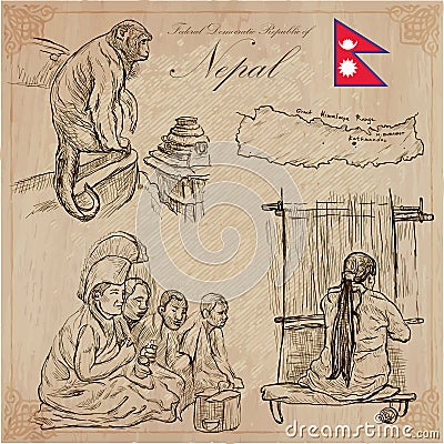 Nepal - Pictures of life. Travel. Vector collection. Hand drawings. Vector Illustration