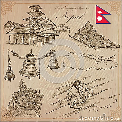 Nepal - Pictures of life. Travel. Vector collection. Hand drawings. Vector Illustration