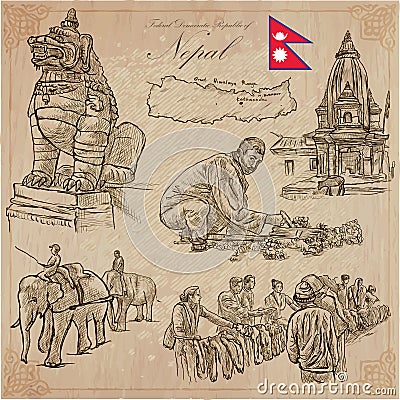 Nepal - Pictures of life. Travel. Vector collection. Hand drawings. Vector Illustration