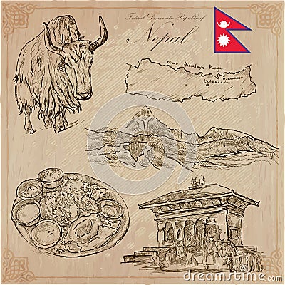 Nepal - Pictures of life. Travel. Vector collection. Hand drawings. Vector Illustration