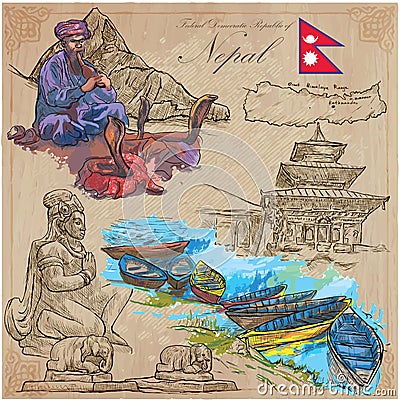 Nepal - Pictures of life. Travel. Vector collection. Hand drawings. Vector Illustration