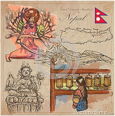 Nepal - Pictures of life. Travel. Vector collection. Hand drawings. Vector Illustration