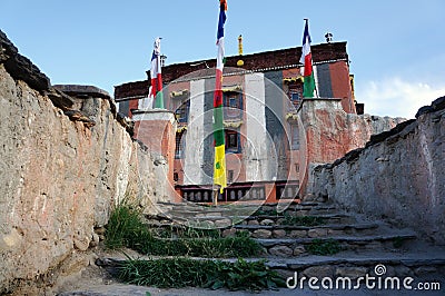 The staircase in front of Tsarang Gompa is a monastery of the Sakya sect, built in 1395. Trekking to the Upper Mustang closed area Stock Photo