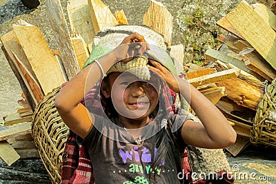 Nepalese little girl in Nepal village Editorial Stock Photo