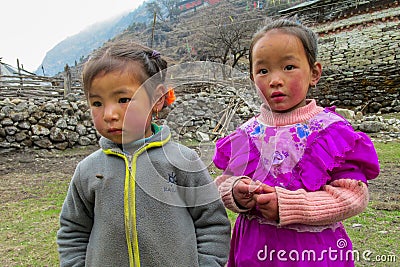 Nepalese little girls in Nepal village Editorial Stock Photo