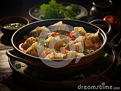 Nepalese Momo Jhol Achar Dumpling Soup, Fried Gyoza Broth, Spicy Tomato Momo Seasoned Soup Stock Photo