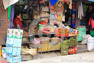 Nepalese people selling religious offerings in Kathmandu Editorial Stock Photo