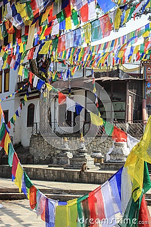 Nepalese prayer flags in the Swayambhunath temple complex. Stock Photo