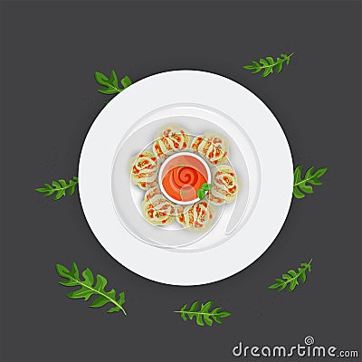 Nepalese traditional dumpling momos served with spicy tomato chatni/sauce. Stock Photo