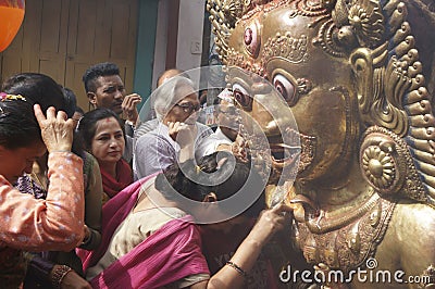 Kathmandu Nepal April 10 2018 : Nepali devotees worshiping Lord Bhairav during Macchendranath chaiort festival from Nepal. Editorial Stock Photo