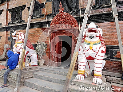 Nepali worker people renovate repair build scaffolding structure at ancient ruin antique building of Royal Kumari Ghar Palace or Editorial Stock Photo