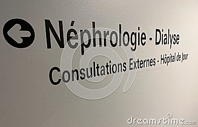 Nephrology-Dialysis - Consultation external daily hospital signage Stock Photo