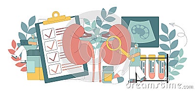 Nephrology. Urology. Kidney disease. Doctors check the health of the kidneys. Urine analysis and kidney ultrasound Vector Illustration