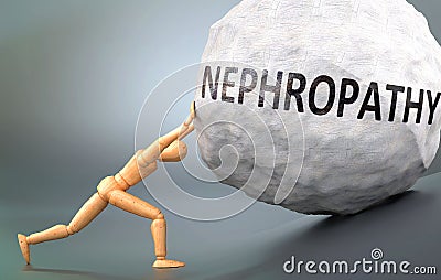 Nephropathy and painful human condition, pictured as a wooden human figure pushing heavy weight to show how hard it can be to deal Cartoon Illustration