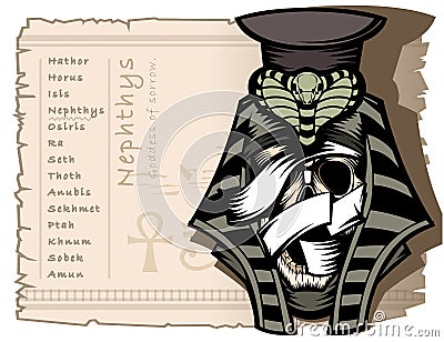 Nephthys is the goddess of sadness in ancient Egyptian mythology. Banner template, also a theme for tattoos and t-shirts Vector Illustration