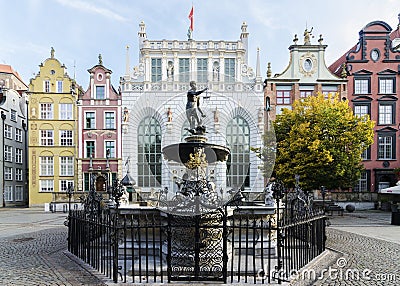 Neptune`s fountain in Dlugi targ or Long Market street, Gdansk, Poland Editorial Stock Photo