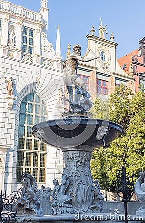 Neptune`s Fountain Statue at Long Market Street, the symbol of the city of Gdansk in Poland. Editorial Stock Photo