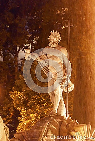 Neptune Statue Fountain Night Madrid Spain Stock Photo