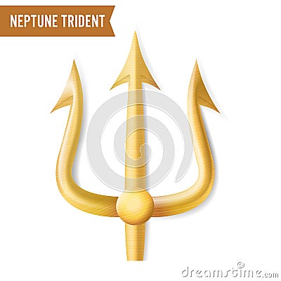 Neptune Trident Vector. Gold Realistic 3D Silhouette Of Neptune Or Poseidon Weapon. Pitchfork Sharp Fork Object Vector Illustration