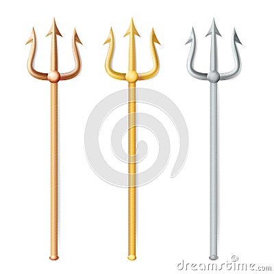 Neptune Trident Vector. Realistic 3D Silhouette Of Neptune Or Poseidon Weapon. Pitchfork Sharp Fork Object. Isolated On Vector Illustration