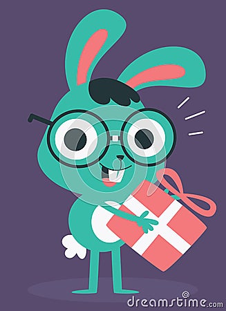 Nerd Bunny Holding a Present Vector Illustration