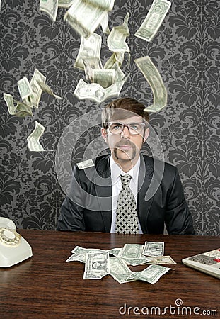 Nerd businessman retro office flying dollar note Stock Photo