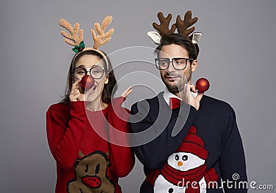 Nerd couple in Christmas time Stock Photo