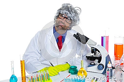 Nerd crazy scientist man portrait working at laboratory Stock Photo
