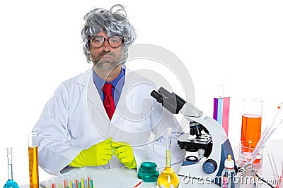 Nerd crazy scientist man portrait working at laboratory Stock Photo
