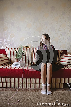 Nerd culture, nerdy and geeky things, finding solution, student, developer, programmer or computer geek woman. Cute nerd Stock Photo