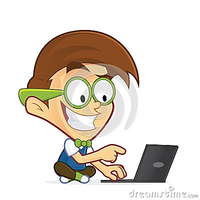 Nerd geek with his laptop Vector Illustration