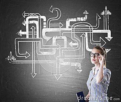 Nerd girl and arrow labyrinth Stock Photo