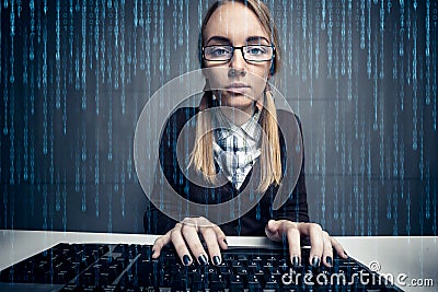 Nerd girl hacker Stock Photo