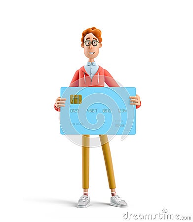 3d illustration. Nerd Larry with credit or debit card. Cartoon Illustration