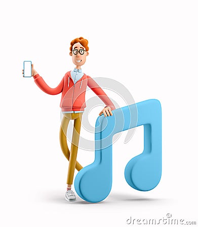 3d illustration. Nerd Larry with large music icon. Cartoon Illustration