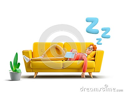 3d illustration. Nerd Larry sleeping on a yellow sofa. Cartoon Illustration