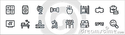 Nerd line icons. linear set. quality vector line set such as bacteria, books, microscope, blackboard, vr glasses, globe, gravity, Vector Illustration