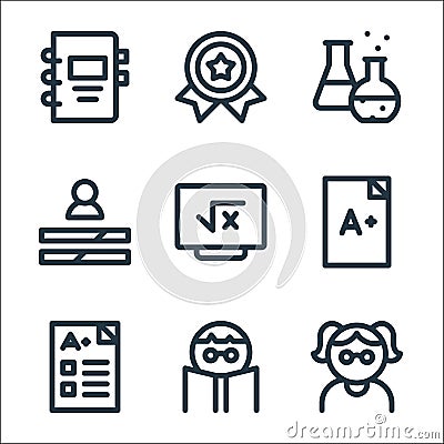 Nerd line icons. linear set. quality vector line set such as nerd, boy, exam, exam, blackboard, skills, test tubes, awards Vector Illustration